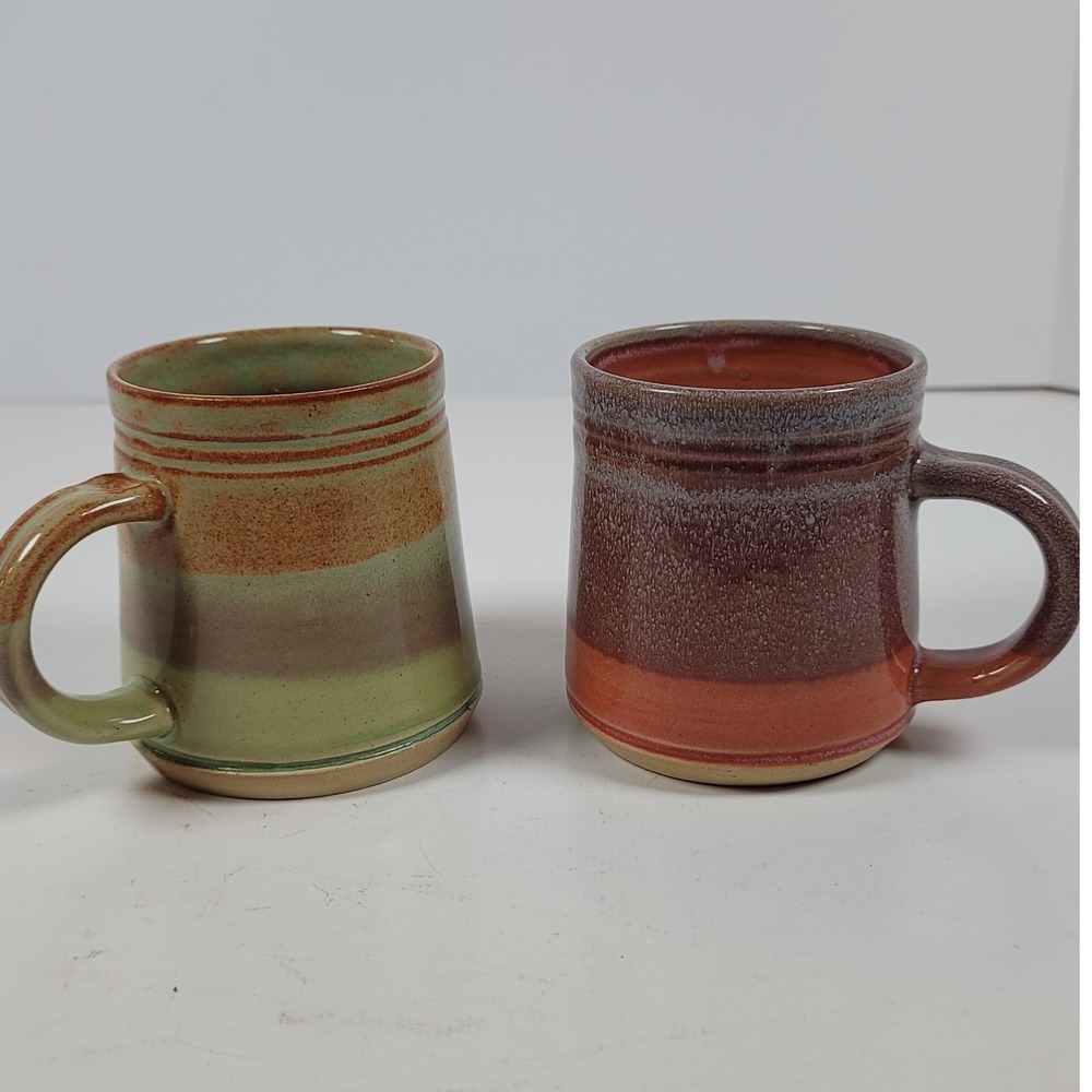 MudLOVE Handmade Pottery Mugs Set of 2 Earthy Stoneware Green Brown Terracotta